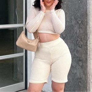 Beige Crop Top High Waist Short Set